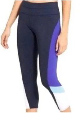 Athleta Navy Performance Leggings with Purple & Light Blue Panels NWT